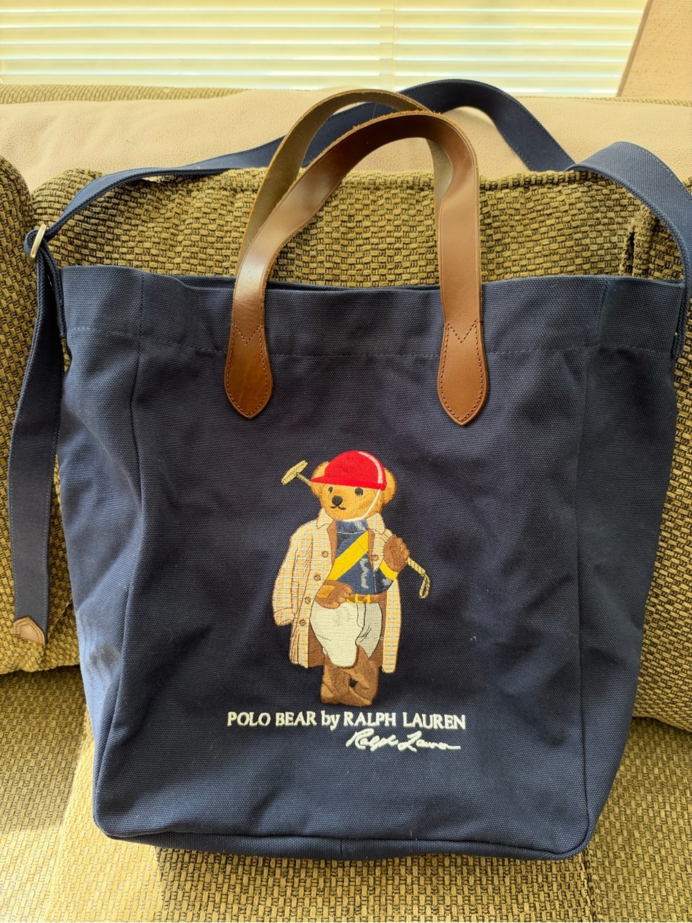 Polo by Ralph Lauren Navy Canvas Messenger Tote with Brown Leather Trim